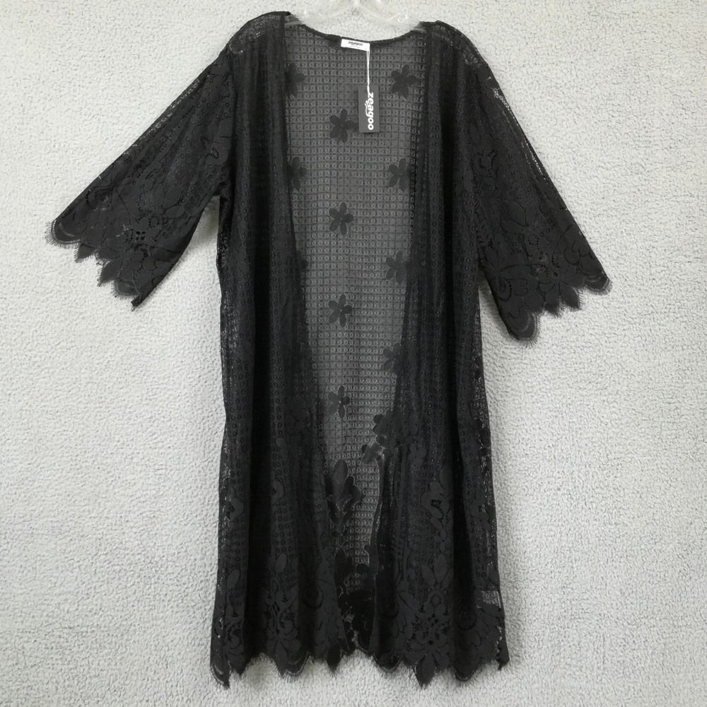 Zeagoo Womens Kimono Black Lace Floral Sheer Scalloped Hem Open Front XL New